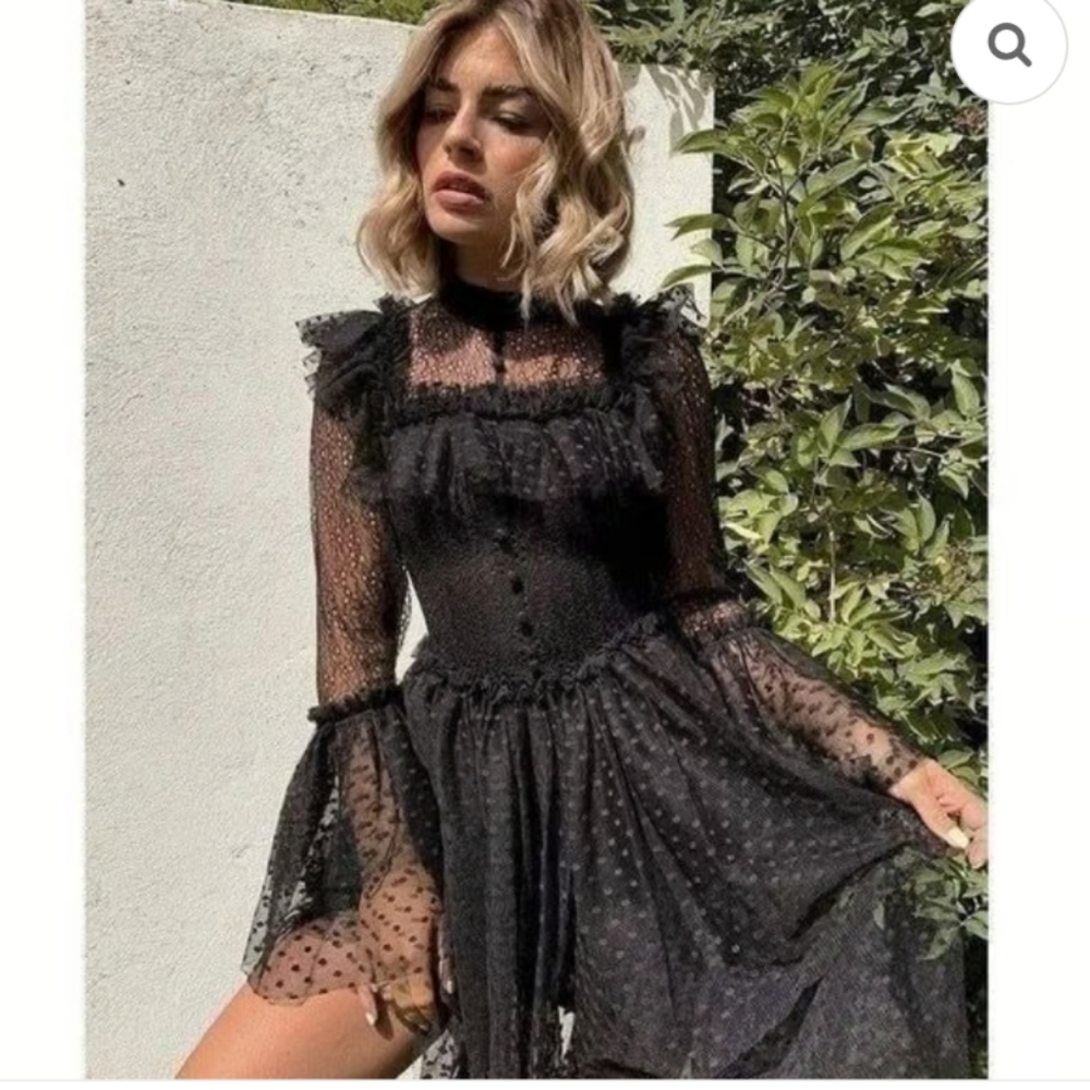 Sandra Mansour Black Lace Dress Flounce Ruffle Long Sleeve Sz L Goth Witchy